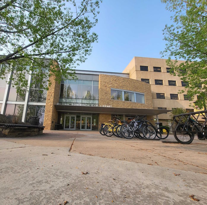 Coe Library exterior main entrance in the summer