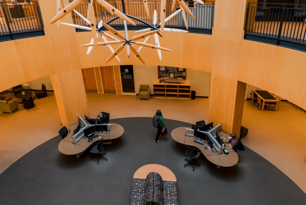 Coe Library interior from above.