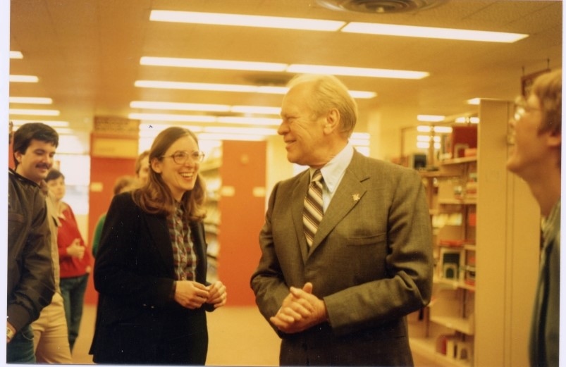 Gerald Ford visiting Coe Library in May 1984.