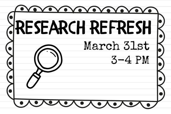 decorative image with text that reads: Research Refresh March 31st 3p-4p