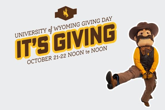 decorative image with dancing Pistol Pete and text that reads: University of Wyoming Giving Day, It's Giving, October 21-22 Noon to Noon