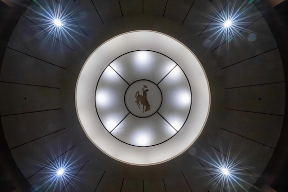 upshot of the steamboat logo in the Coe Library ceiling