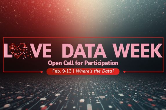 decorative graphic with text that reads "Love Data Week Feb 9-13, call for proposals, university of wyoming' and where's the data?