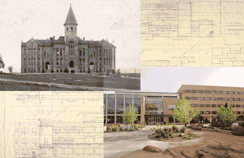 A photo of Old Main next to modern Coe Library.