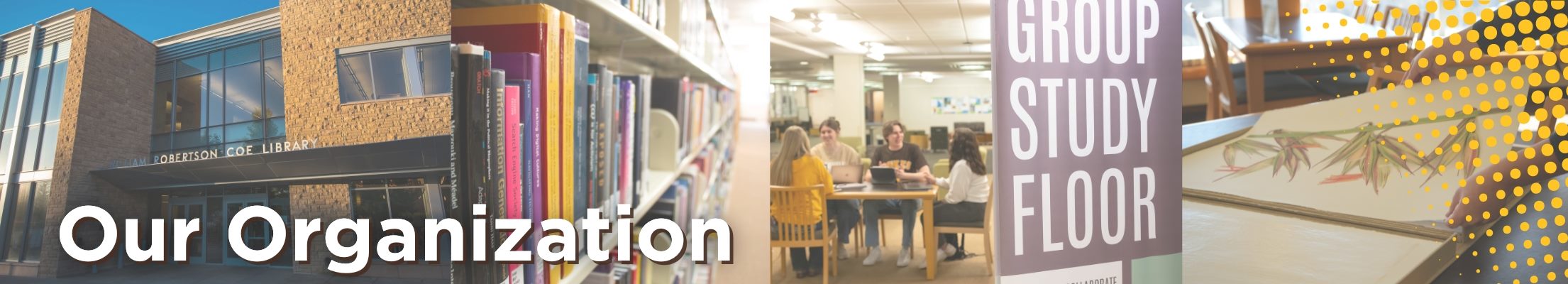 A collage of interior and exterior photos of UWyo Libraries.
