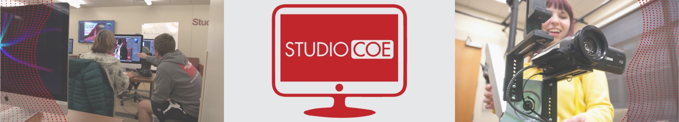 Studio Coe Masthead including two photos of students working in the available spaces and the Studio Coe logo.
