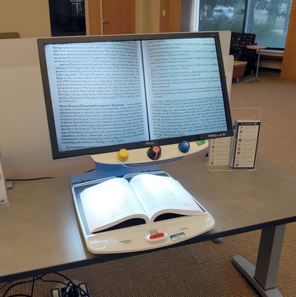 Video magnifier of a book in Coe Library