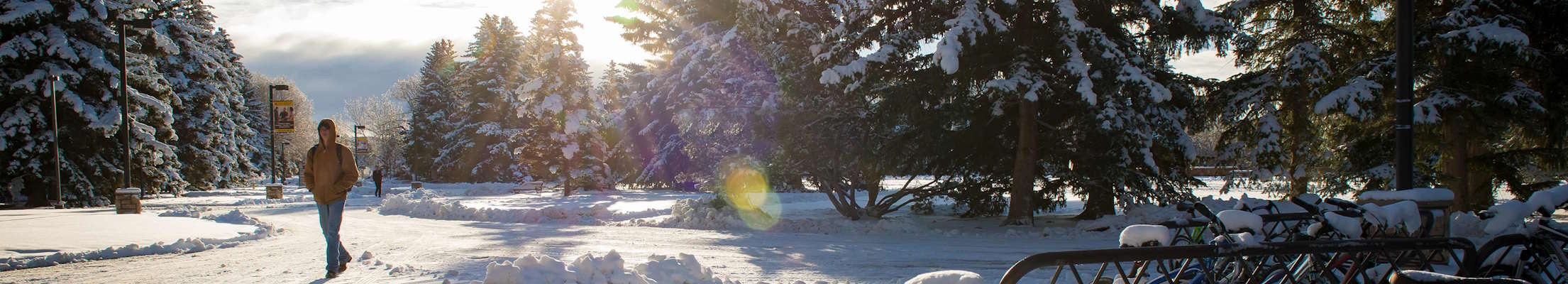 student walking in winter snow