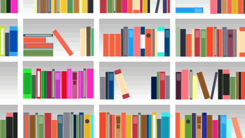 colorful books on shelves in flat icon style