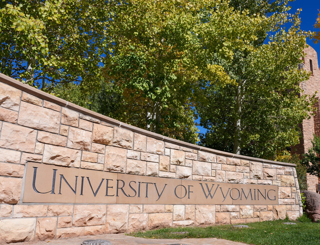 University of Wyoming stone sign in the circle drive outside the Wyoming Union