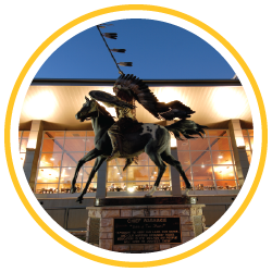 exterior of Washakie Dining Center and the chief Washakie statue