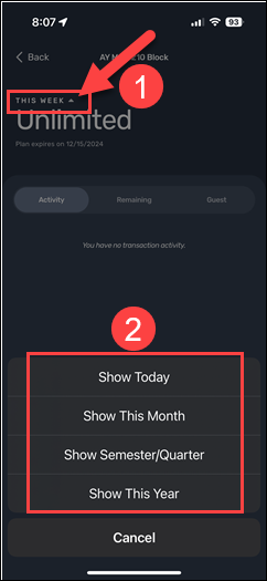 screenshot of eAccounts meal plans