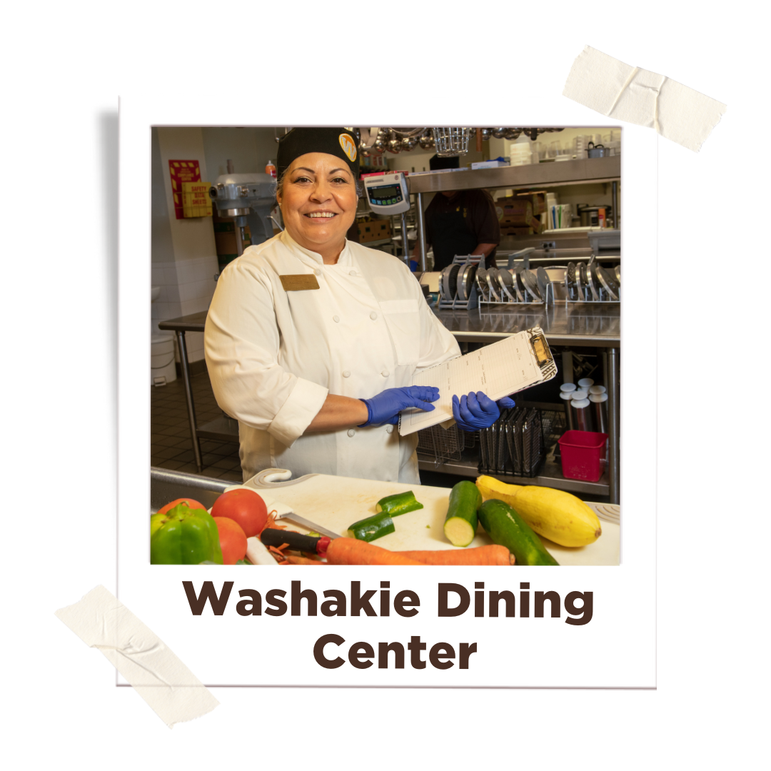 poloraoid of a cook with a clipboard with the text "Washakie Dining Center"