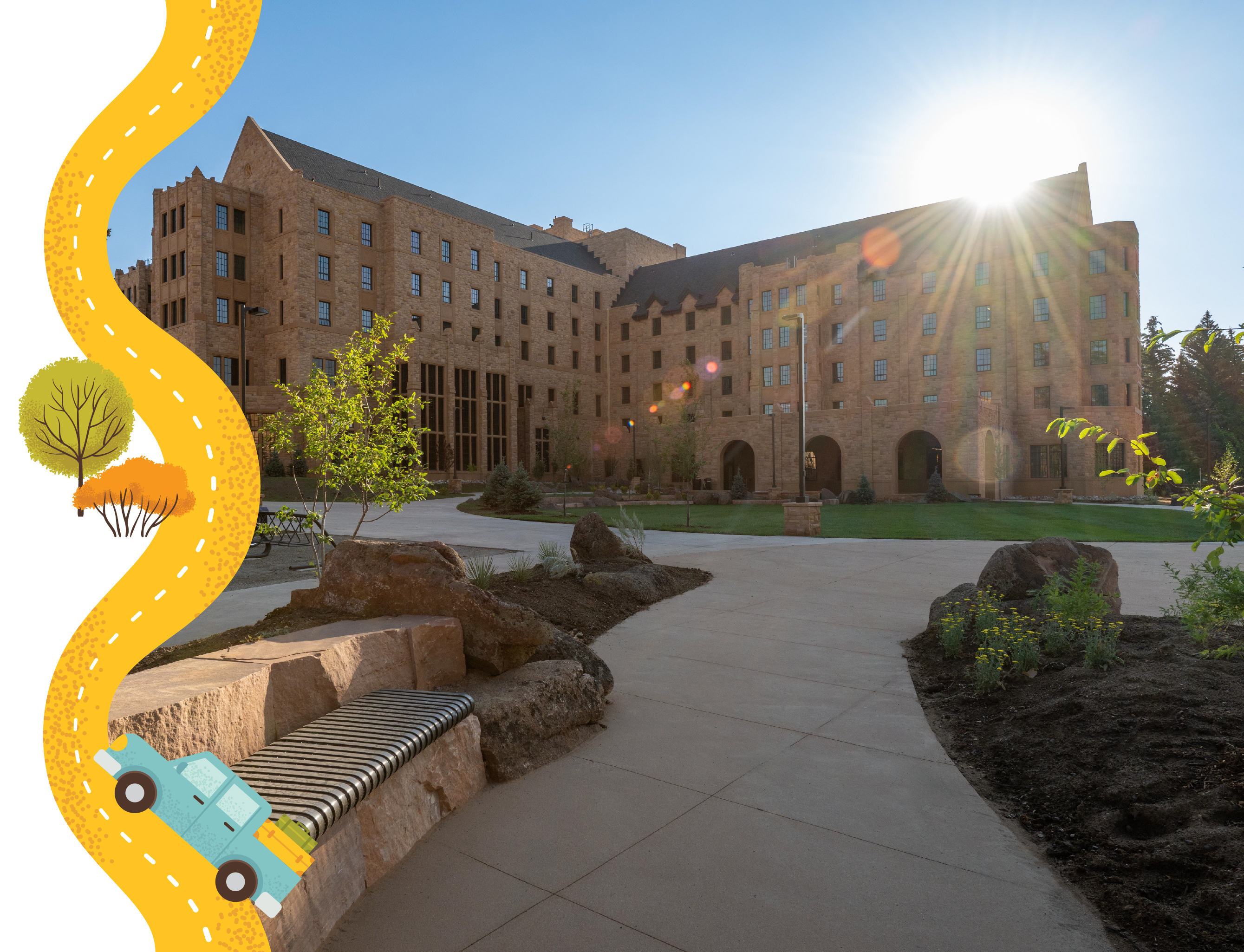 North Hall with drawing of a road and car traveling