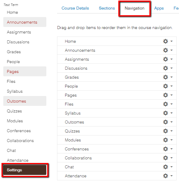 picture of the settings page of a course with the Navigation tab open