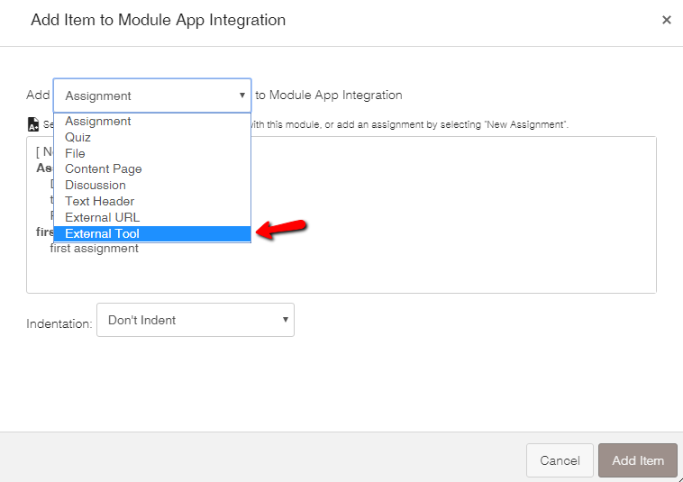 the add module menu with a red arrow pointing to external tool