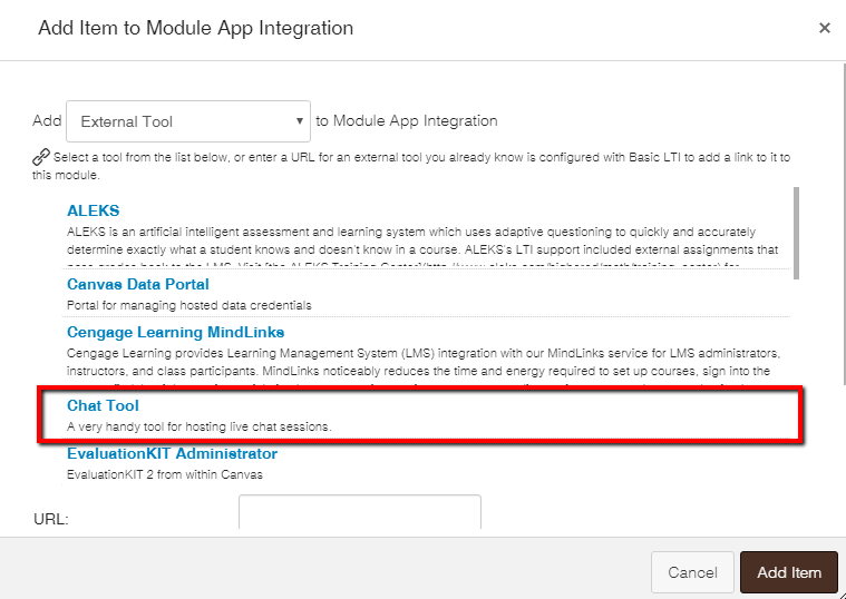 the add module menu with a red box is around one of the integrations named Chat Tool