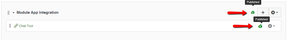 Two arrows point to the publish icons on the module that was just created.