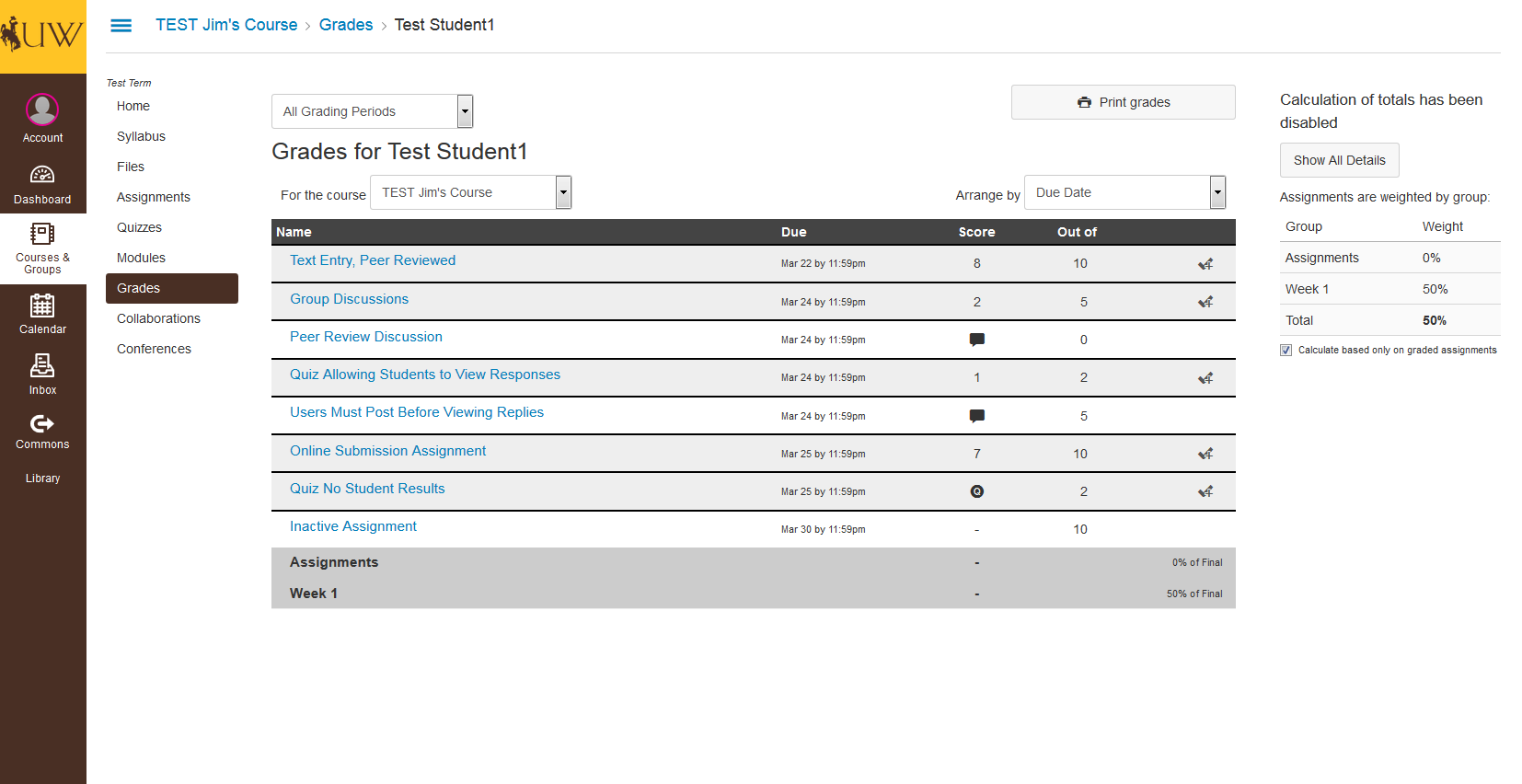image showing advisor's view of grades tool in wyocourses