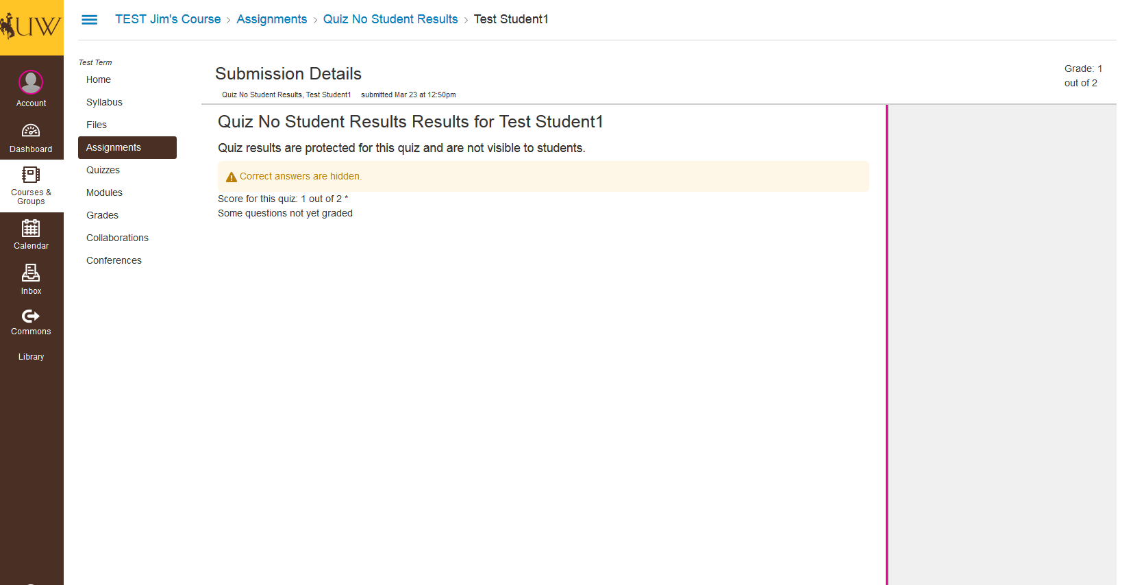 image showing advisor can only see score if instructor hasn't allowed viewing of correct answers