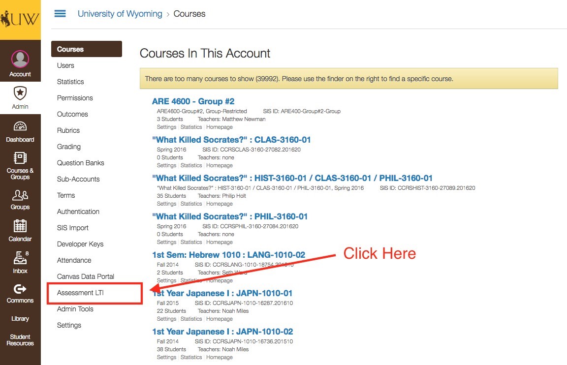 Assessment LTI page with a red box around the tab for Assessment LTI and text Click Here