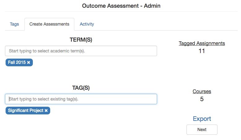 the Create Assessments tab with text fields for TERM and TAG data with export and next buttons.