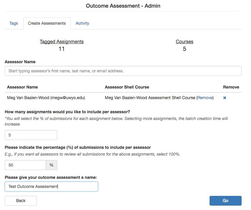 showing Create Assessments tab of Assessment LTI with fields for information about the assessor