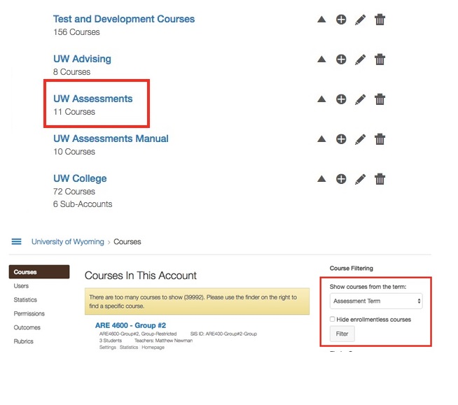 a filtered list of sub-accounts in WyoCourses that are in the 'Assessment Term'