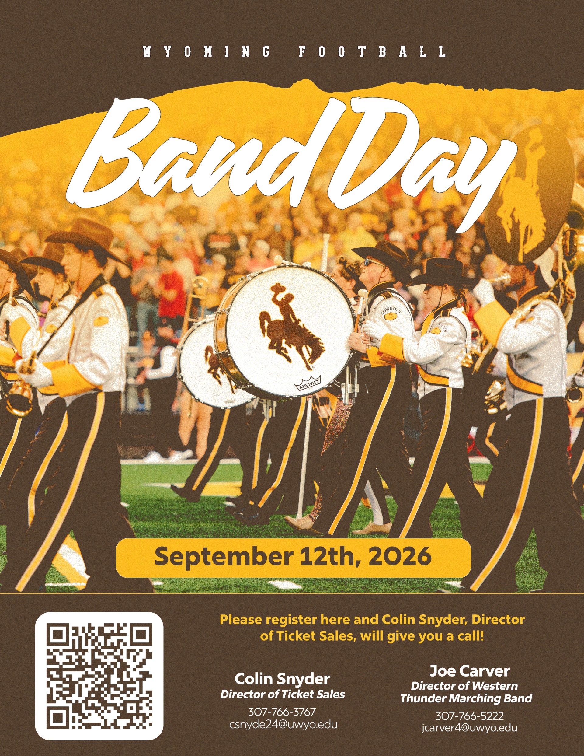 Graphic of Western Thunder Marching Band members on the field providing details for Band Day 2026