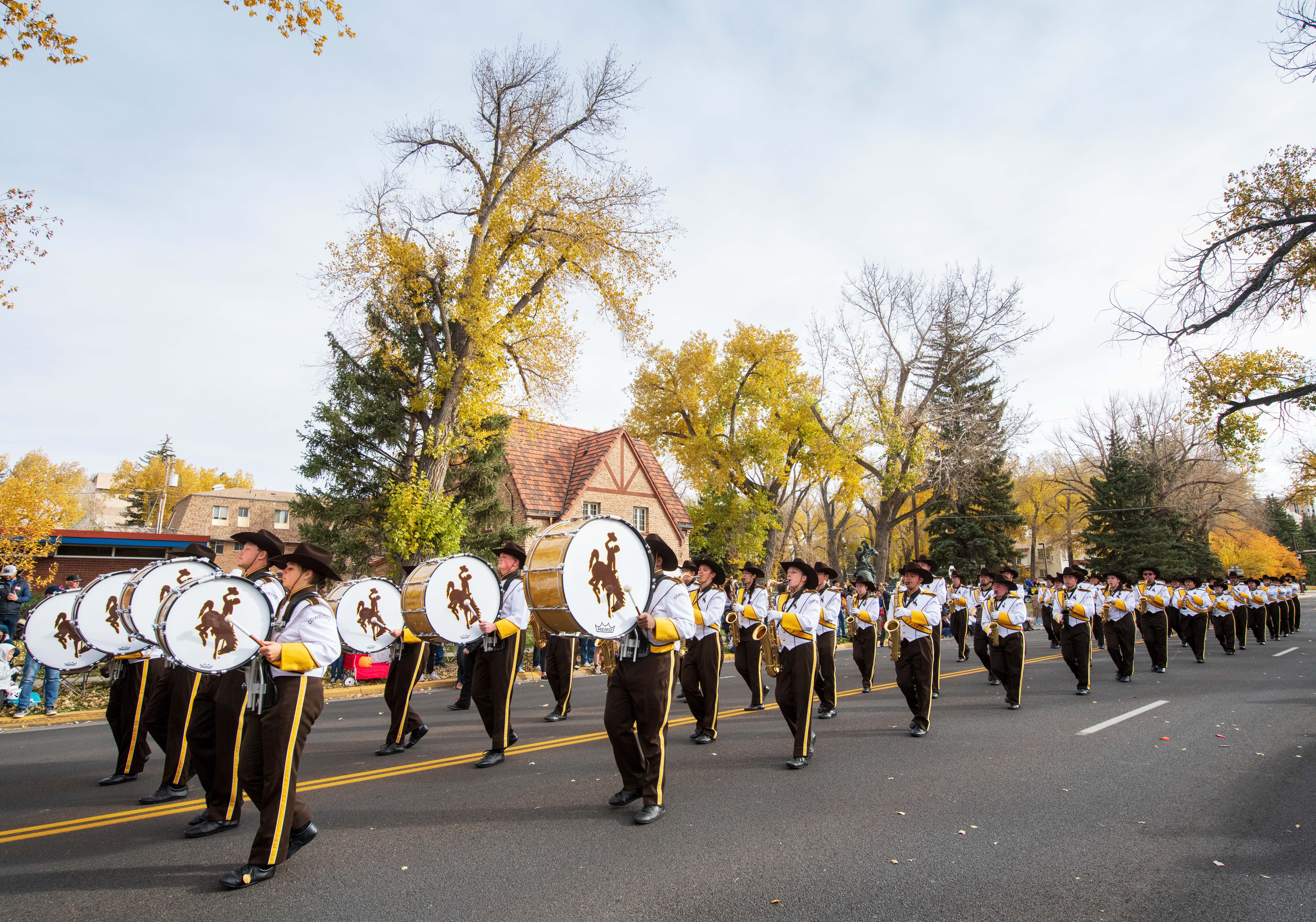Group of WTMB drumline members in parade formation