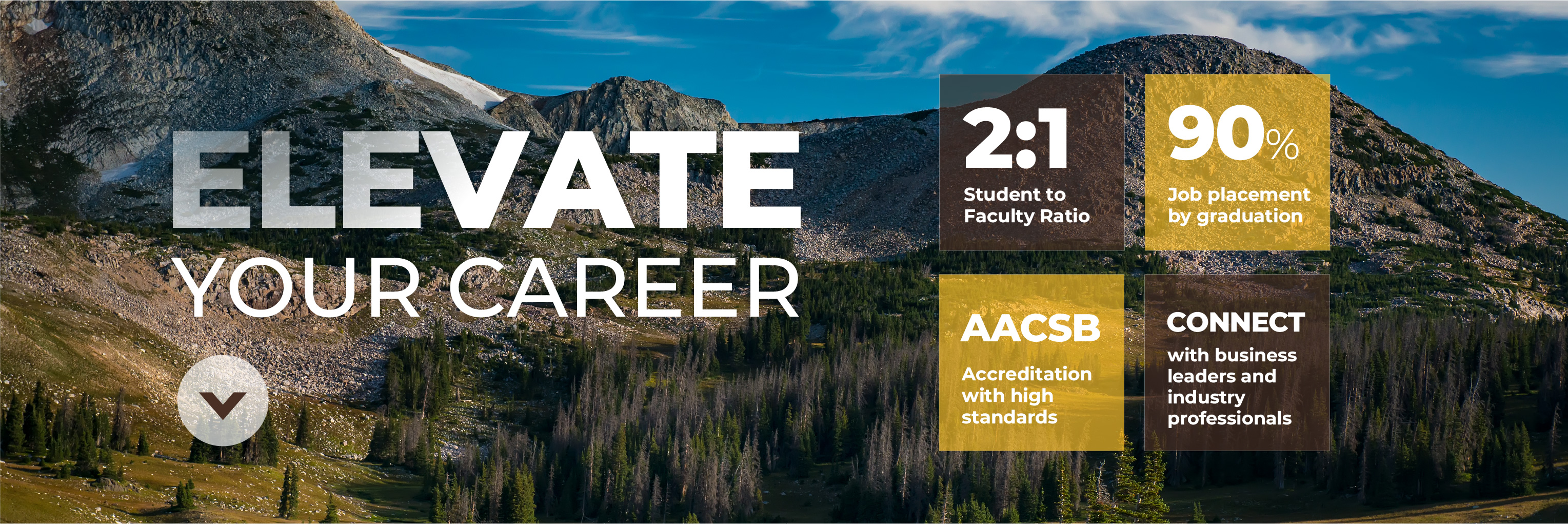 Elevate your career with mountains and 2:1 student faculty ratio, 90% job placement by graduation, AACSB accreditation with high standards, and connect with business leaders and industry professionals