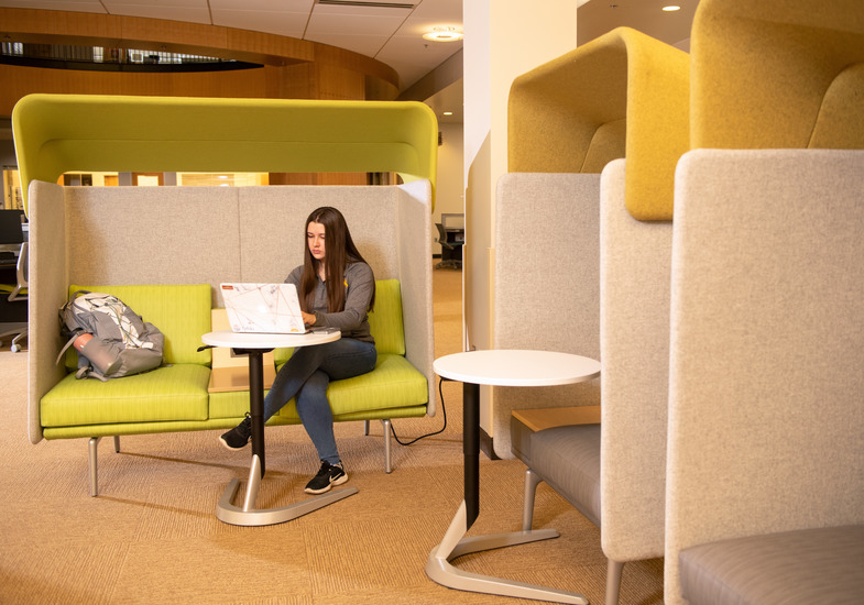 student sitting in a Coe Library study pod looking at her computer
