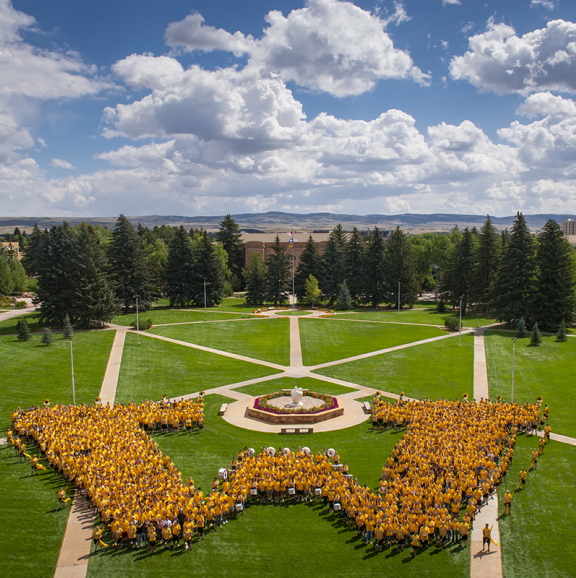 Crowd of students in the shape of the letter W