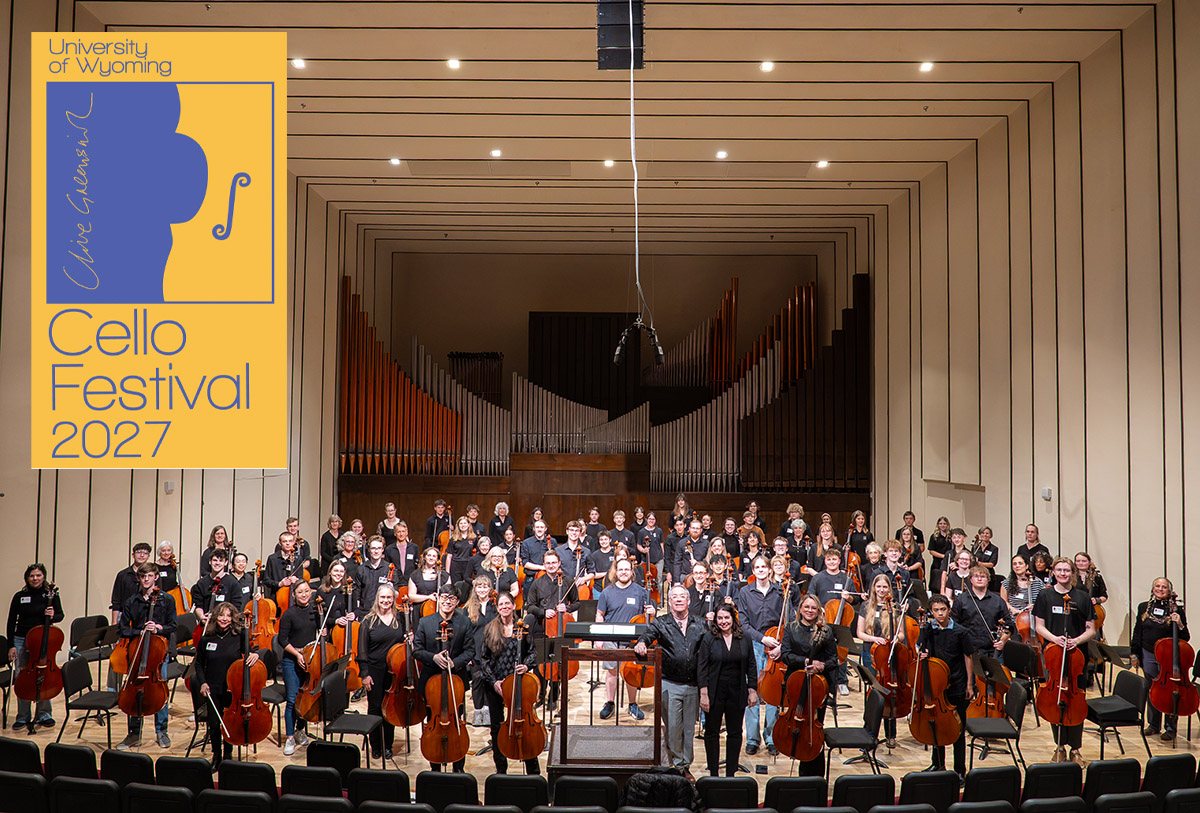 Musicians on stage with the 2027 logo for the University of Wyoming Cello Festival