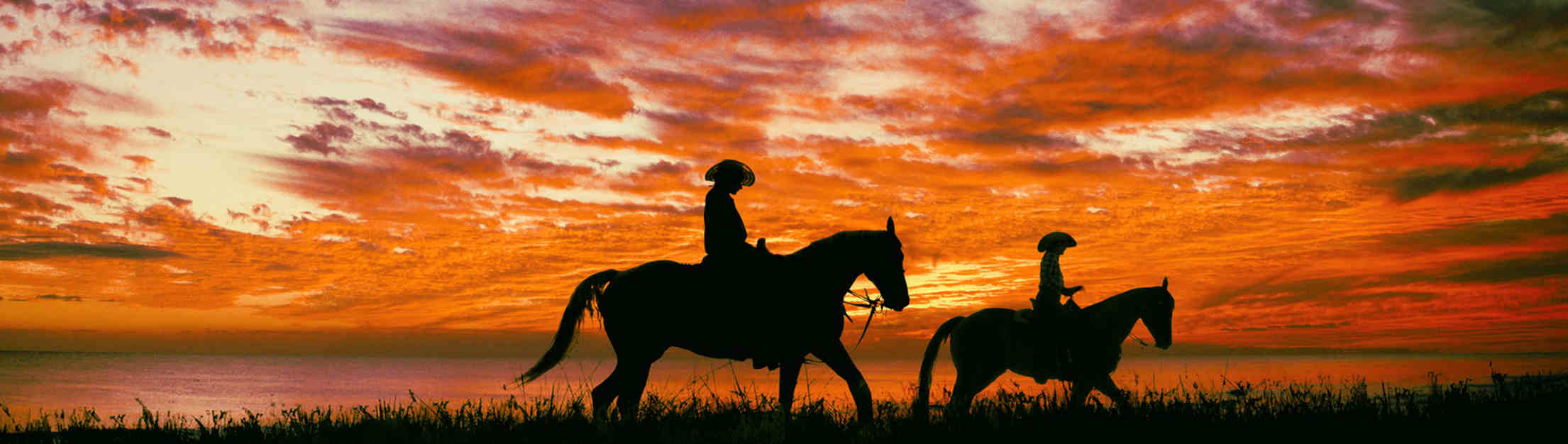 Two individuals riding horses during sunset