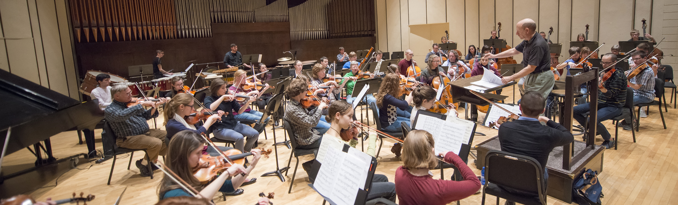 the UWSO in rehearsal in the Buchanan Center concert hall