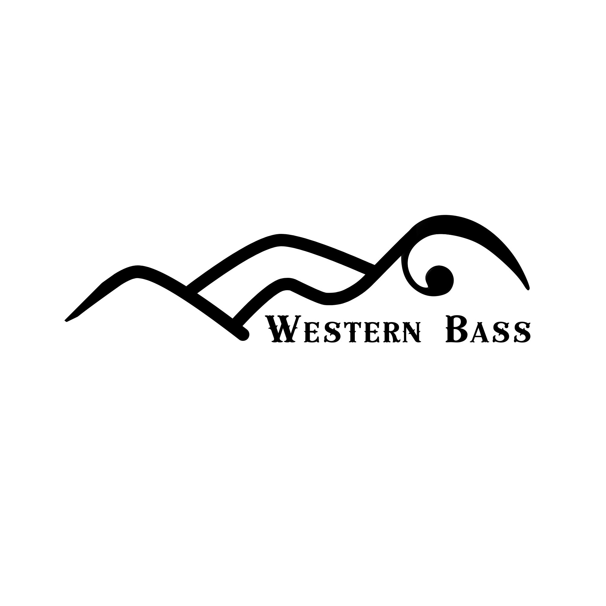 Drawn image of three mountains with a sideways bass clef and the words Western Bass