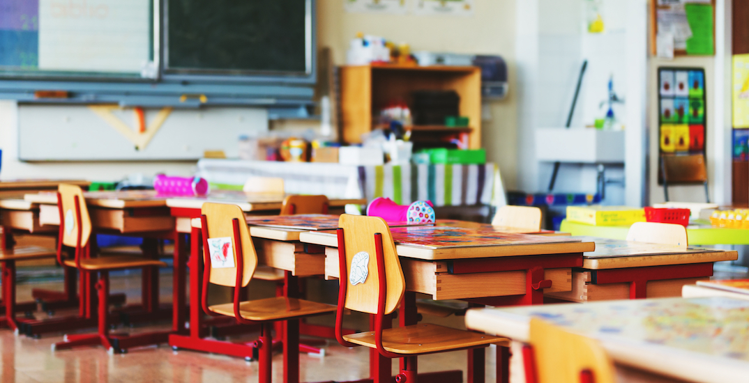 elementary school classroom full of desks