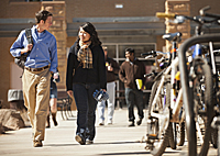 Students exiting campus building