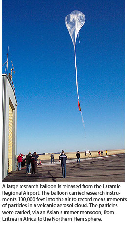 A large research balloon is released from Laramie Regional Airport. The balloon carried research instruments 100,000 feet into the air to record measurements of particles in a volcanic aerosol cloud. The particles were carried, via an Asian summer monsoon, from Eritrea in Africa to the Northern Hemisphere.