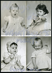 four old photos of babies and toddlers with words embroidered on them