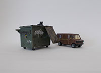 artwork of a brown van next to a trash dumpster