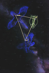 photo of night sky with lines and drawings of constellations superimposed on it