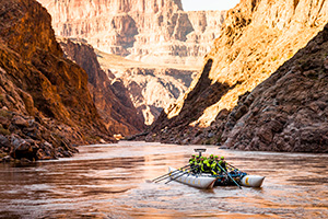 people rafting down a river in a red rock canyon