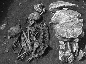 skeletons in the ground beside a large rock