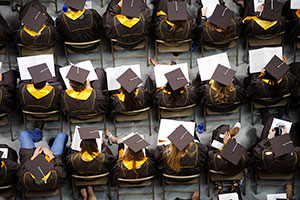 students in caps and gowns viewed from above