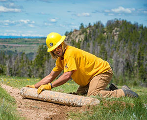 man kneeling and moving a log