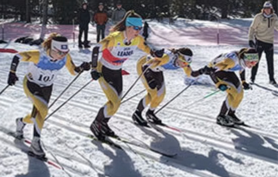 four people Nordic skiing, with other people looking on