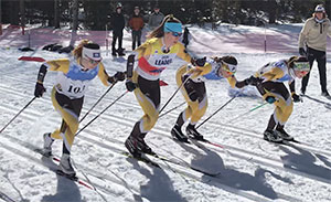 four people Nordic skiing, with other people looking on