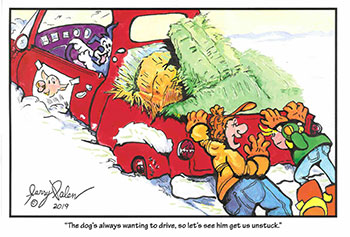 cartoon with a truck stuck in snow and two people pushing it and dog at the steering wheel